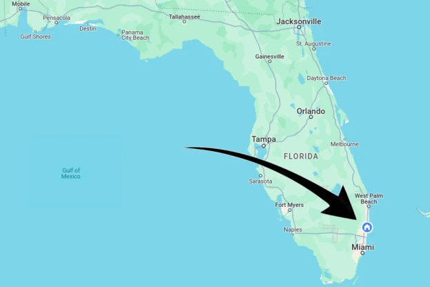 Map of Florida, with arrow pointing to Pompano Beach